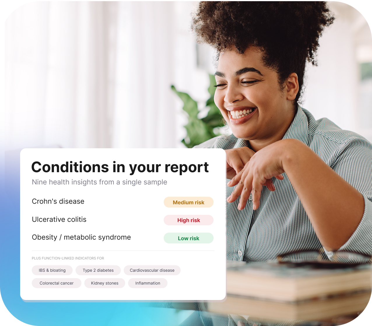 A woman laughing at home alongside her Forth gut microbiome test report, showing risk scores for Crohn's disease, ulcerative colitis and obesity, plus function-linked indicators for IBS, type 2 diabetes, cardiovascular disease, colorectal cancer, kidney stones and inflammation.
