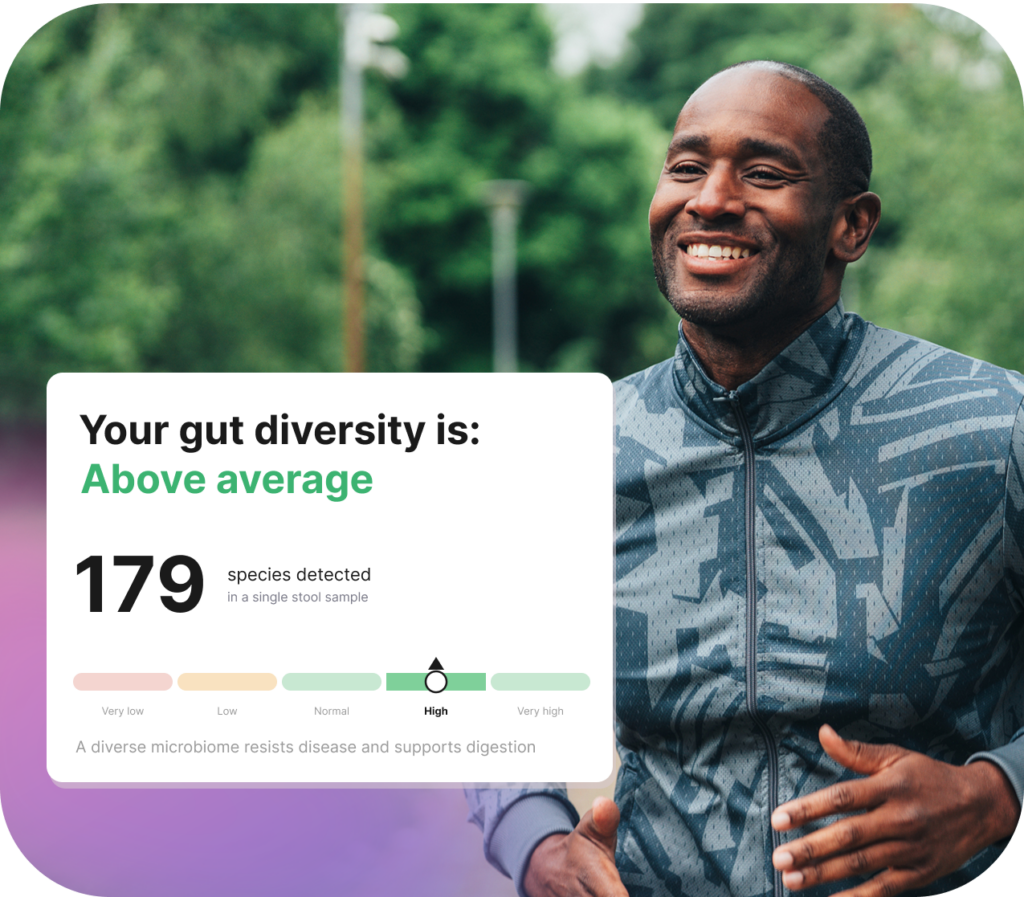 A runner smiling outdoors alongside his Forth gut health test result, showing above-average gut diversity with 179 microbial species detected in a single stool sample.