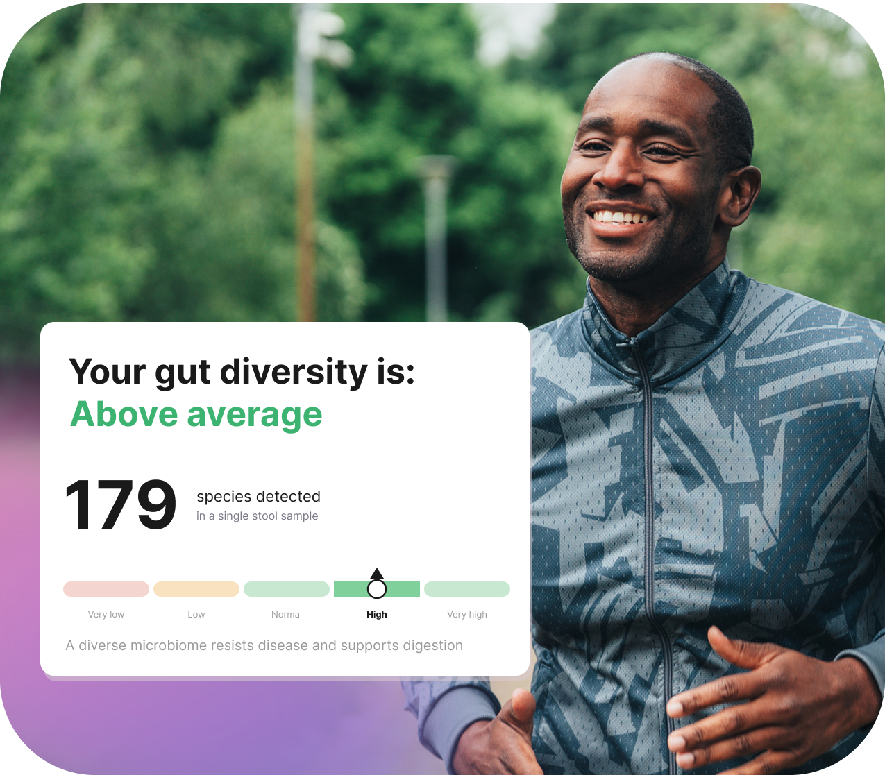 A runner smiling outdoors alongside his Forth gut health test result, showing above-average gut diversity with 179 microbial species detected in a single stool sample.