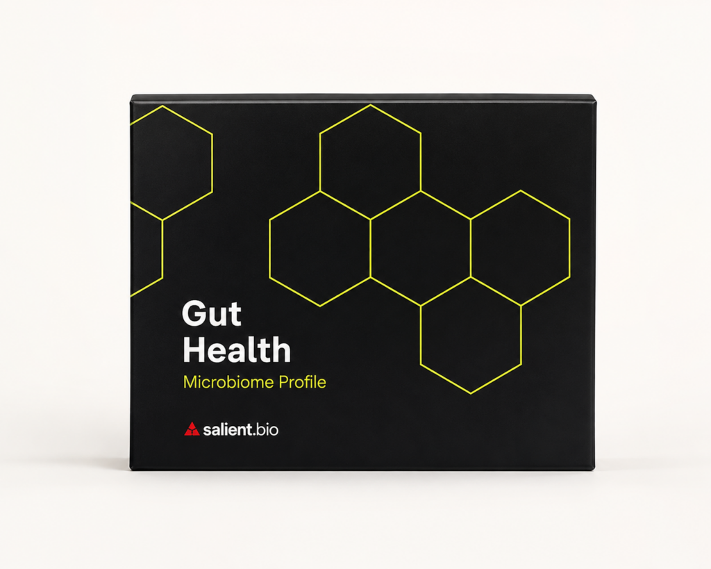 The Forth gut microbiome test kit packaging — a matte black box with a yellow hexagonal microbiome motif, labelled "Gut Health Microbiome Profile".