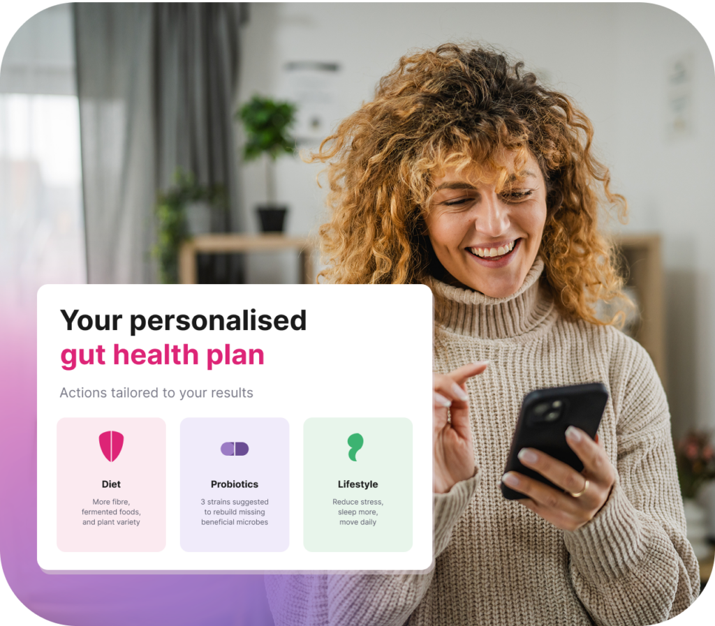 A woman smiling at her phone alongside her Forth personalised gut health plan, with tailored actions for diet, probiotics and lifestyle based on her microbiome results.