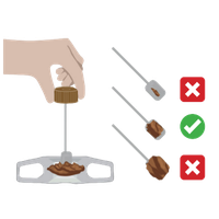 How to collect a stool sample for a gut health test — showing the correct small amount on the collection spoon (green tick) versus too much or too little (red crosses).