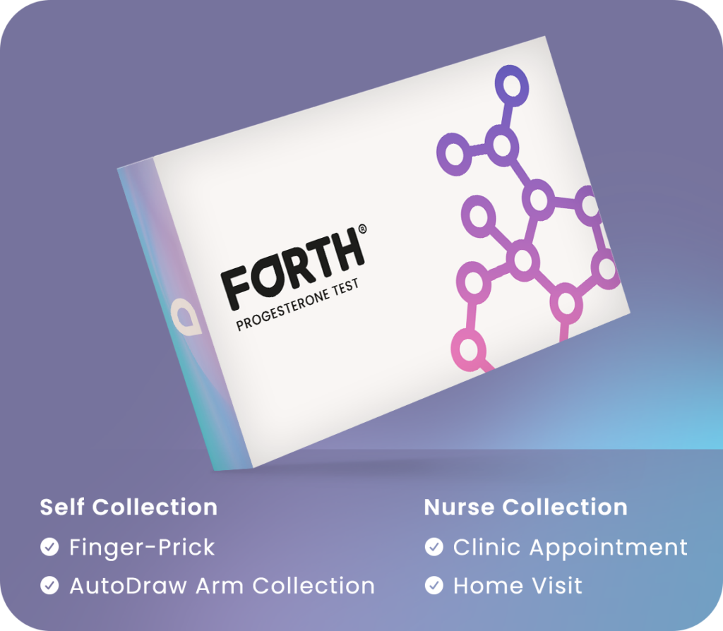 Forth Progesterone home blood test kit box for confirming ovulation, taken on day 21 of your cycle